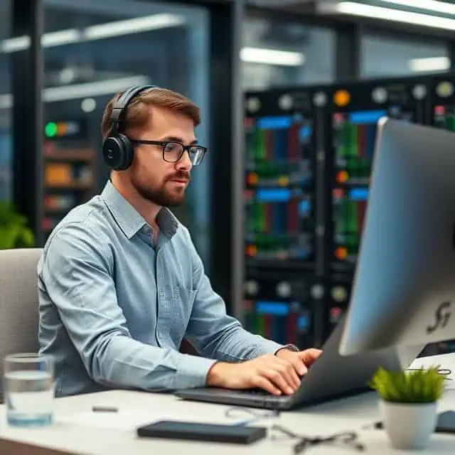 Technology Integration Consultant working on a computer, wearing headphones