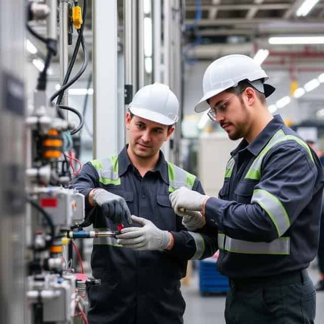Automation technicians wearing helmets inspect a machine