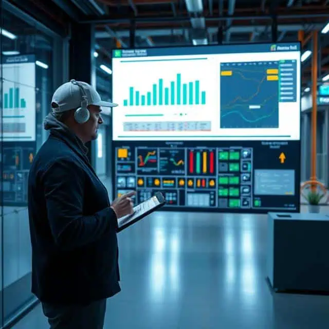 Intelligent automation expert standing in a room with big screen showing reports