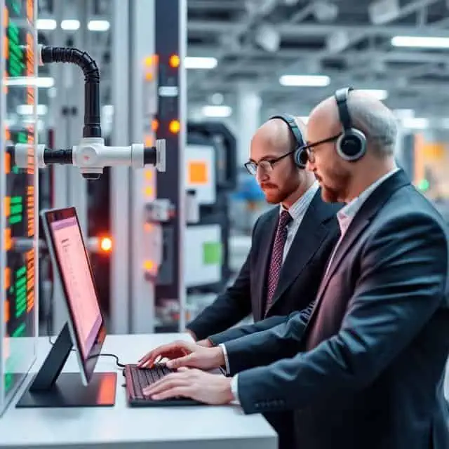 Intelligent automation managers wearing headphones and working on computer while standing in a factory