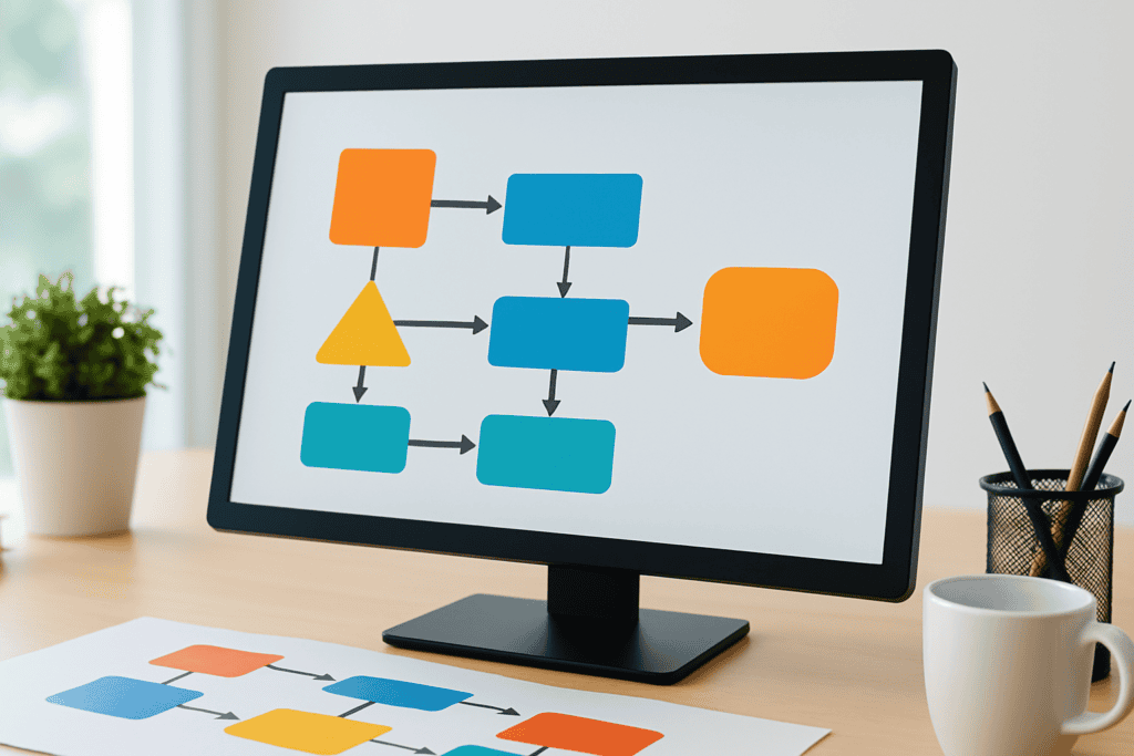 Block diagram shown on computer screen and paper