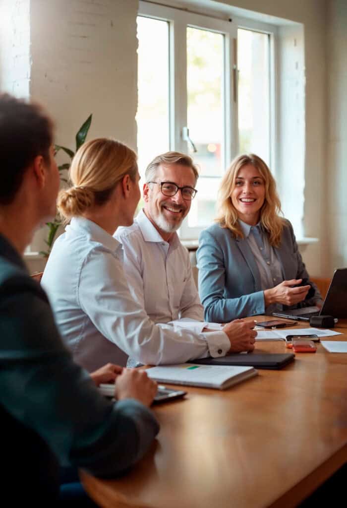 Team having a meeting at office, where coworkers are smiling at each other