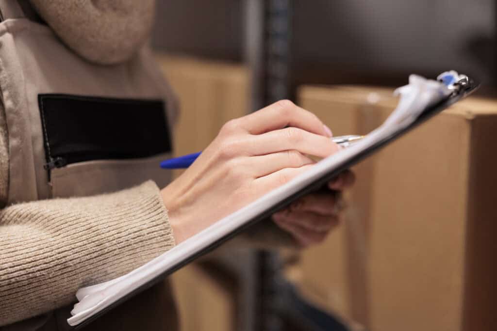 Storage worker holding clipboard in warehouse, marking inventory checklist