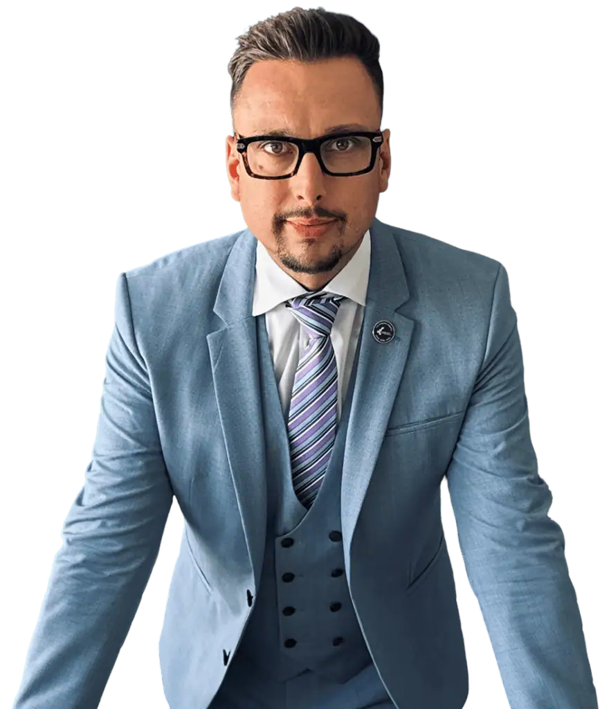 Flexible professional man in business suit, consulting, HR staffing, and interim solutions.