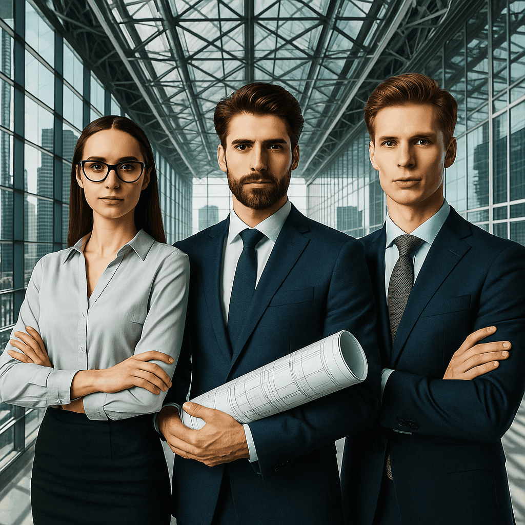 Three geometry engineers, two men and one woman, stand in modern office in skyscraper, the man in the middle holds rolled up project