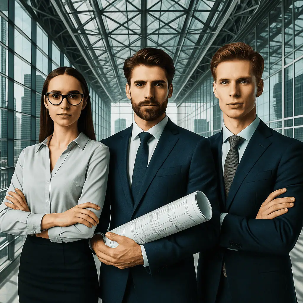Three geometry engineers, two men and one woman, stand in modern office in skyscraper, the man in the middle holds rolled up project