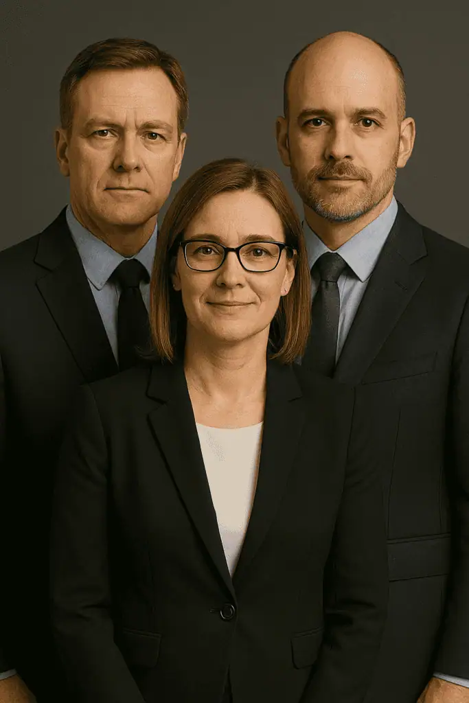 Team of interim CEOs in suits standing next to each other with subtle smiles