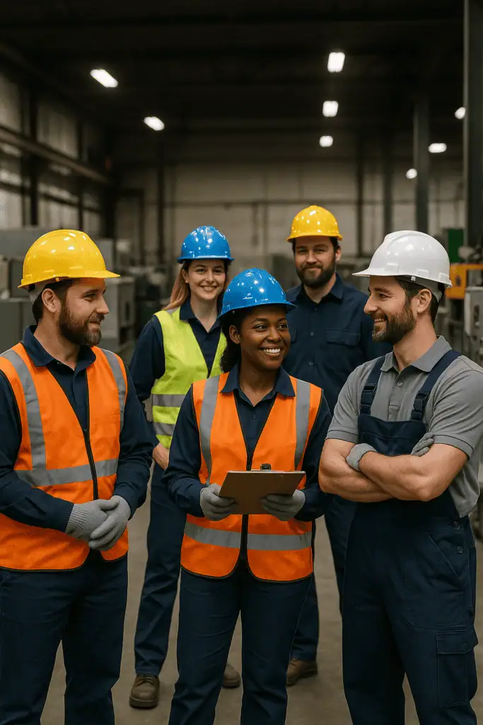 Team of industrial relocation services experts standing in a warehouse withn protective helmets discussing matters while smiling
