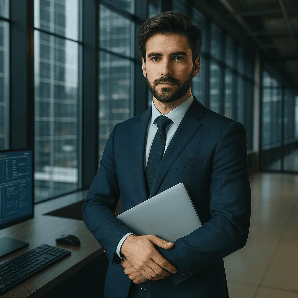 Male CTO standing in darkened hall of office, holding a tablet