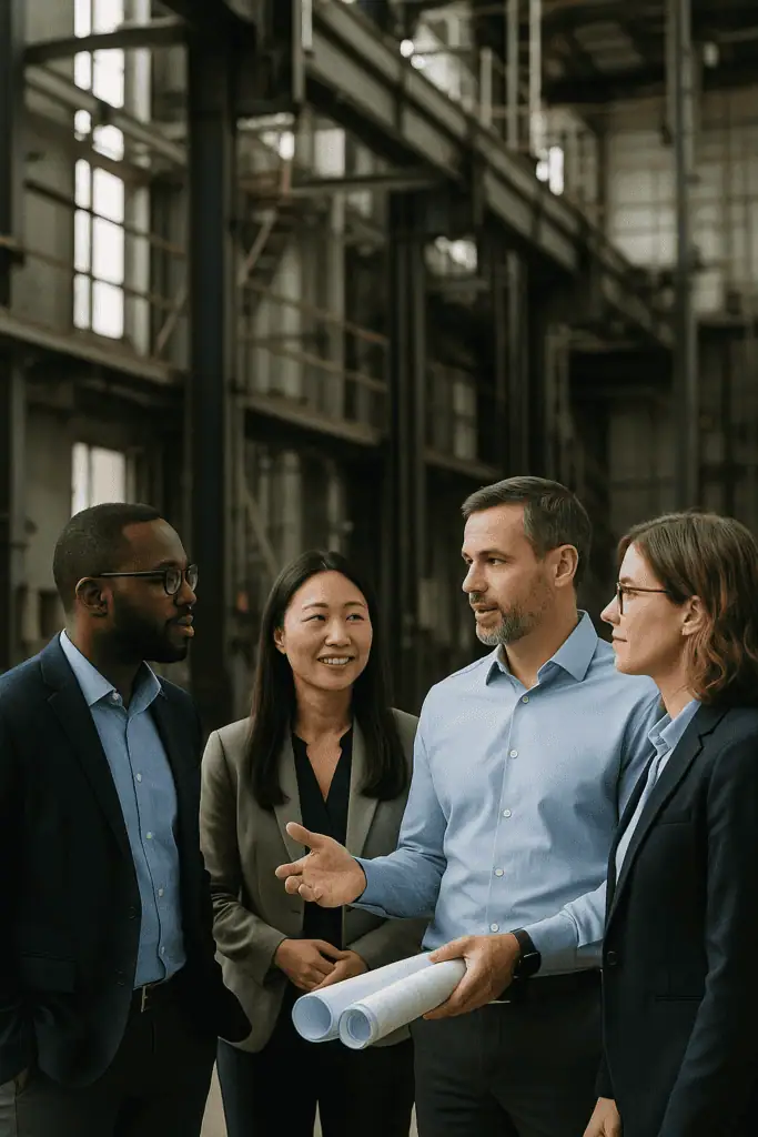 Group of four engineering managers, two womean and two men, have a talk in production hall with one man holding rolled plan