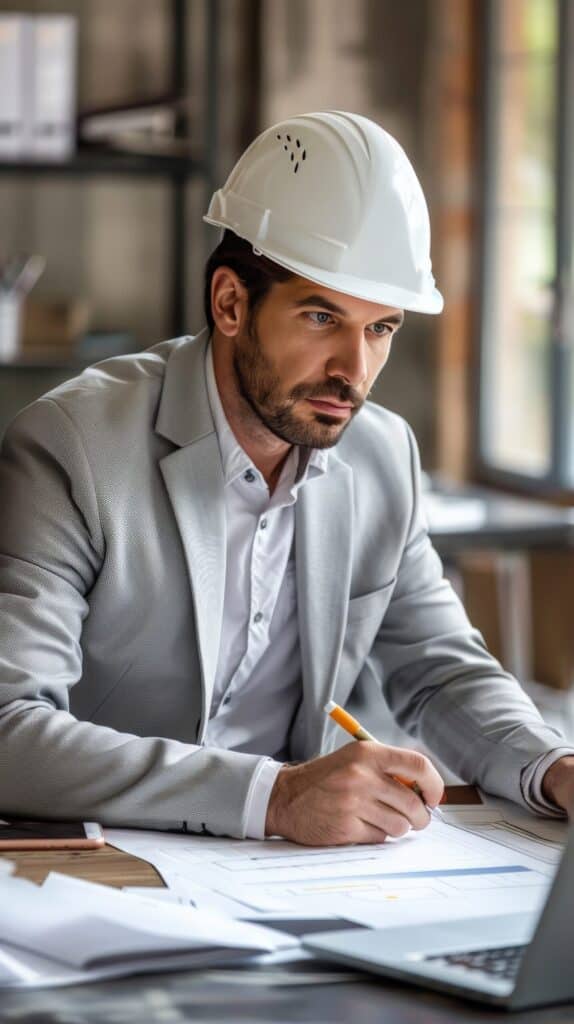Quality engineer in grey suit and white hard helmet is sitting at his desk, checking the reports on his laptop and taking notes
