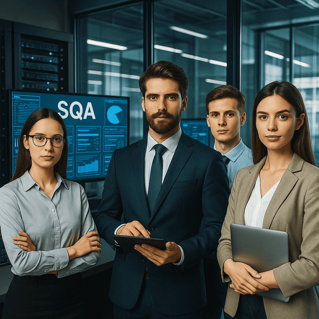Four SQA engineers, two women and two men, stand in a dark modern office with big screens behind them