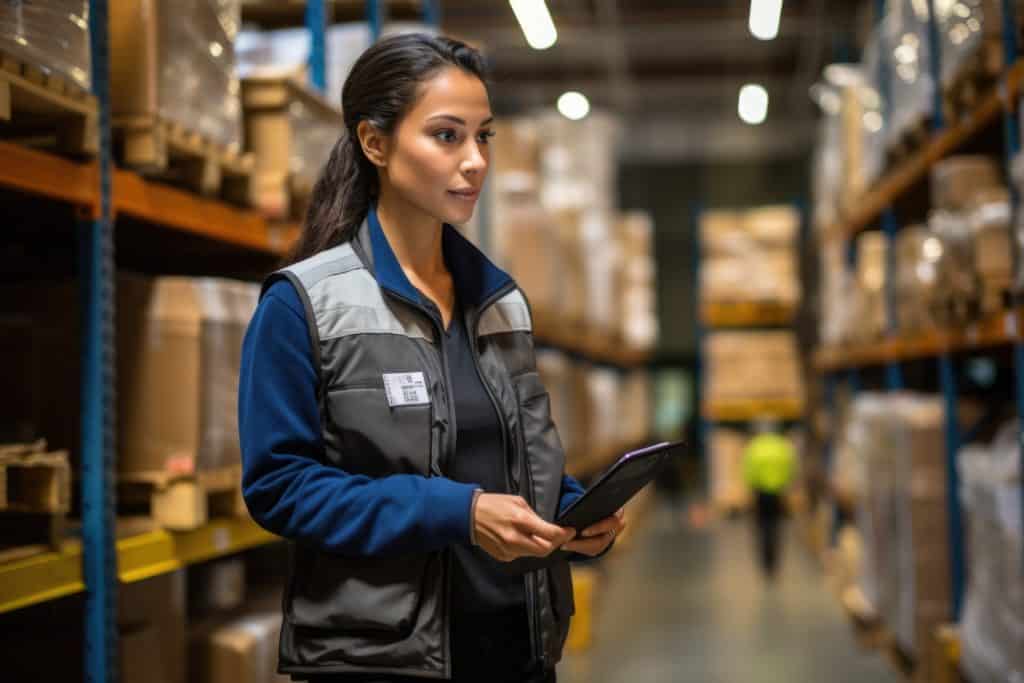 Female inventory services professional is checking the inventory in warehouse using tablet