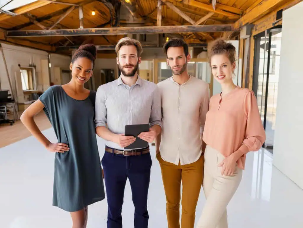 A group of professionals poses together in a bright, modern workspace