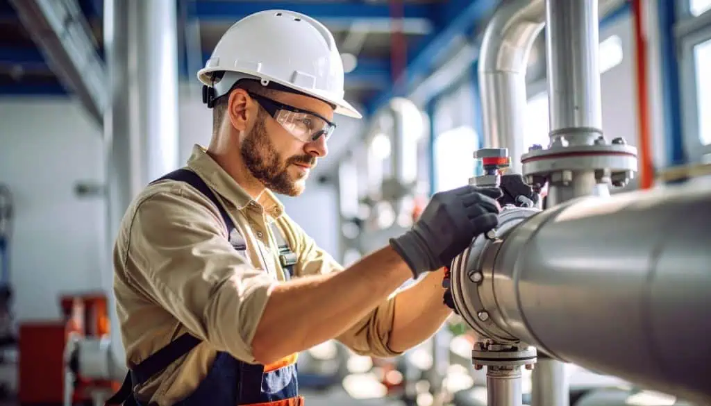 Male industrial worker wearing safety gear, including helmet, gloves, and glasses, inspecting large metal pipe in industrial facility with pipes and machinery in background