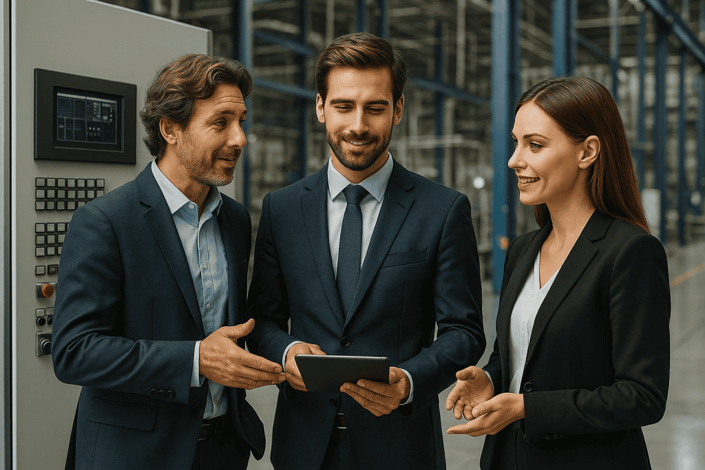 Three PLC managers, one woman and two men, in suits are standing in factory, discussing