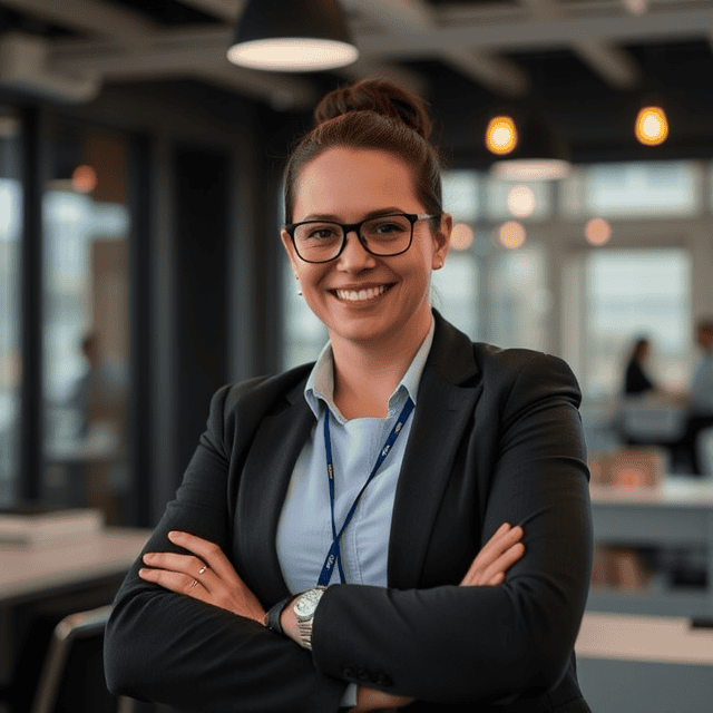 Business woman wearing a suit is standing in office, smiling