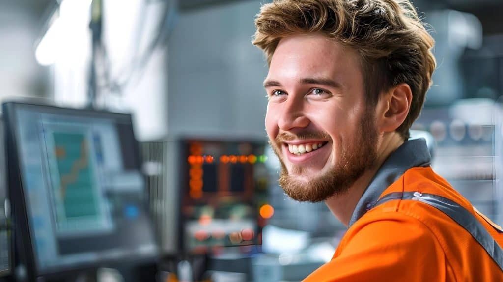 Smiling process engineer wearing orange work attire is sitting behind computer