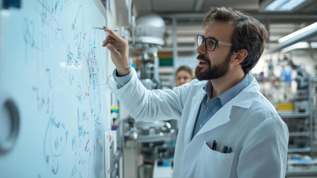 Researcher in lab coat is writing notes on whiteboard