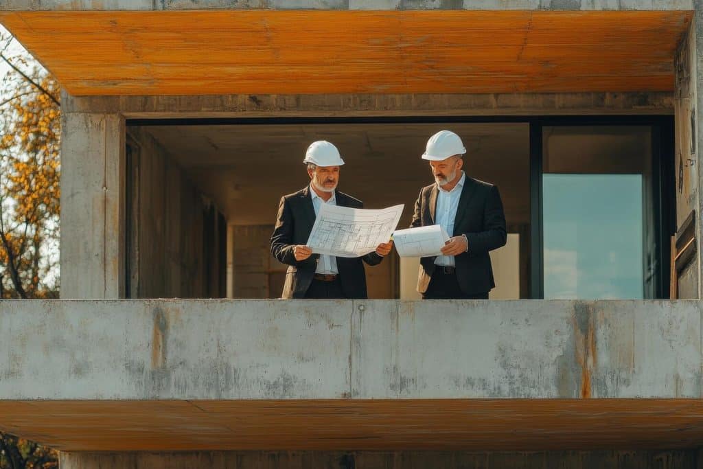 Two resident quality engineers in suits and hard hats standing on a concrete building, holding blueprints