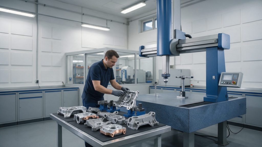 Ingénieur qualité qui contrôle sur une machine de mesure tridimensionnelle des pièces issues d'une première série de production