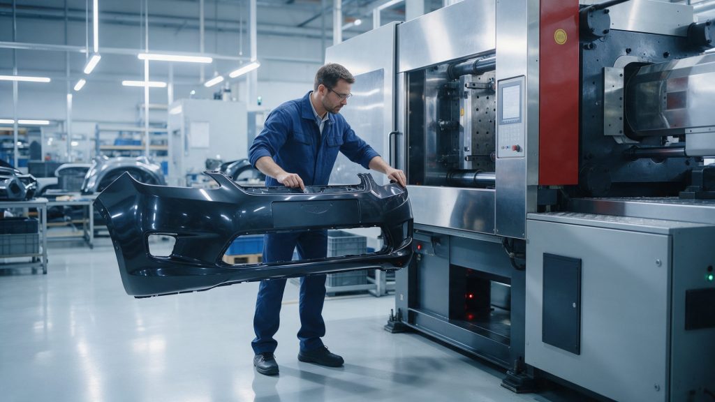 Ingénieur inspectant un pare-chocs plastique moulé à côté d'une presse à injecter dans une usine de pièces automobiles