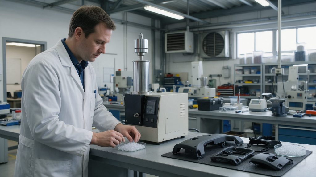 Ingénieur qualité matières contrôlant des granulés plastiques à côté d'un plastomètre dans le laboratoire d'un équipementier automobile
