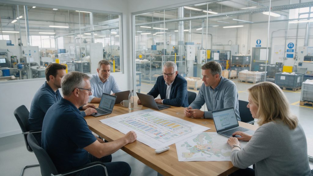 Kadra kierownicza firmy produkcyjnej omawia układ zakładu i mapę Europy w sali spotkań obok hali produkcyjnej
