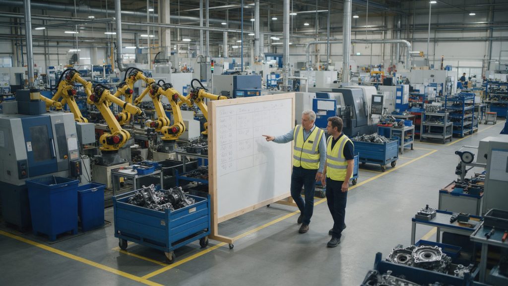 Manager de transition qui revoit les objectifs de production du jour avec le chef d'équipe sur une ligne automatisée