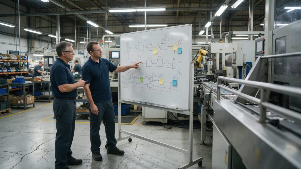 Directeur d'usine et ingénieur lean examinant une carte VSM dessinée à la main sur un tableau blanc, à côté d'une ligne de production