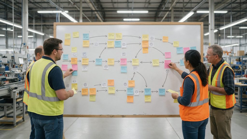 Deux membres de l'équipe en gilet de sécurité réalisant une cartographie de la chaîne de valeur avec des post-it sur un tableau dans l'atelier