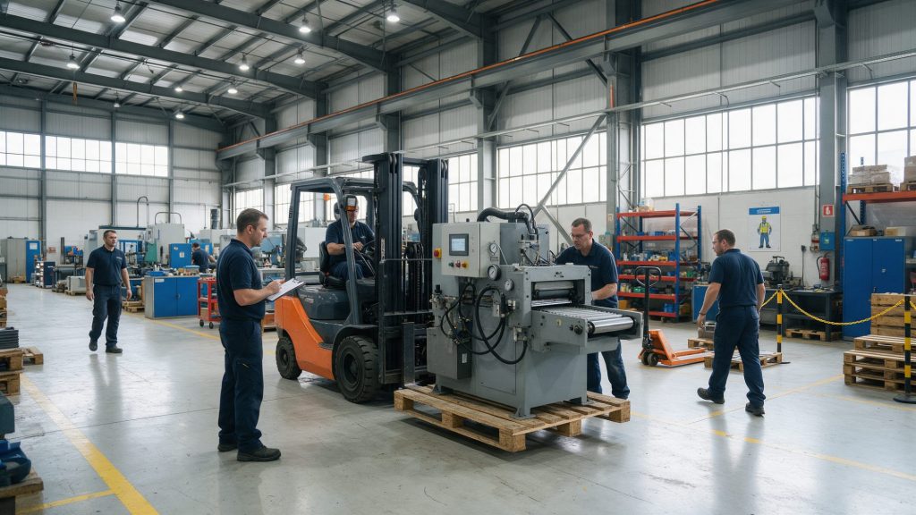 Transfert d'une ligne de production, machines sur palettes déplacées au chariot élévateur dans un hall d'usine