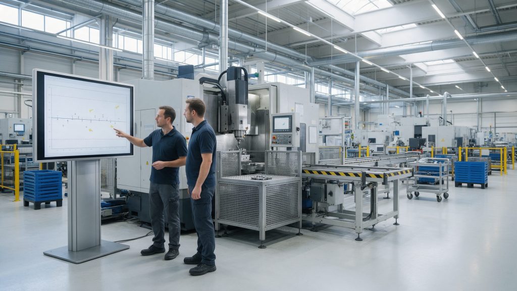 Ingénieur qualité et chef d'atelier analysant une carte de contrôle sur un écran à côté d'une ligne d'usinage