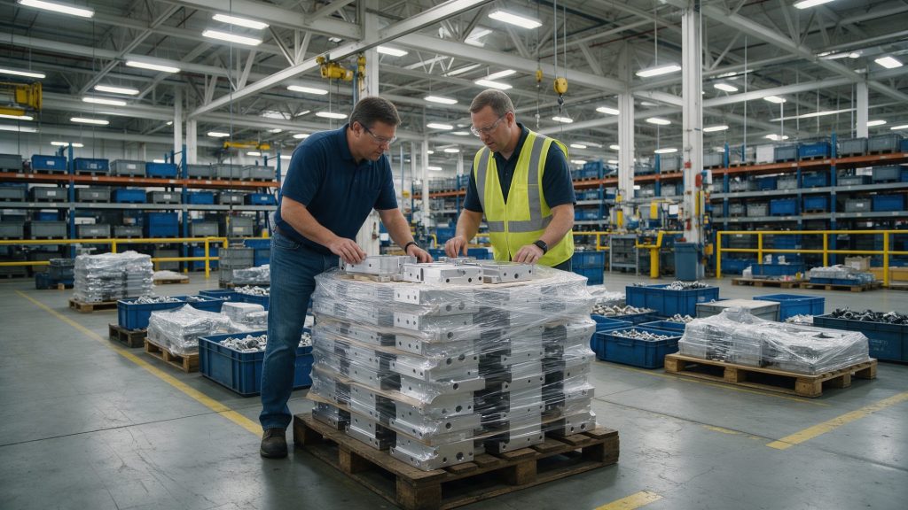 Responsable supply chain et ingénieur qualité fournisseurs contrôlant une palette de pièces usinées à la réception des marchandises