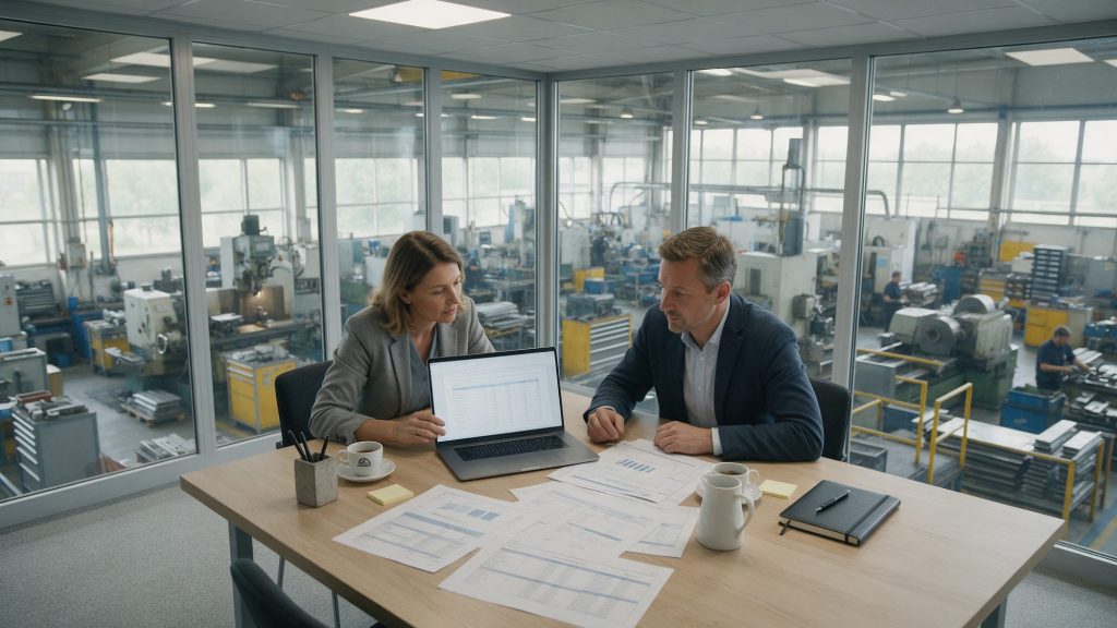 Directeur achats et acheteur famille comparant les fiches de coûts des fournisseurs dans un bureau qui donne sur l'atelier de production