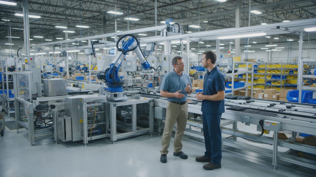 Ingénieur automaticien et chef d'équipe de production qui discutent à côté d'une ligne d'assemblage robotisée dans une usine