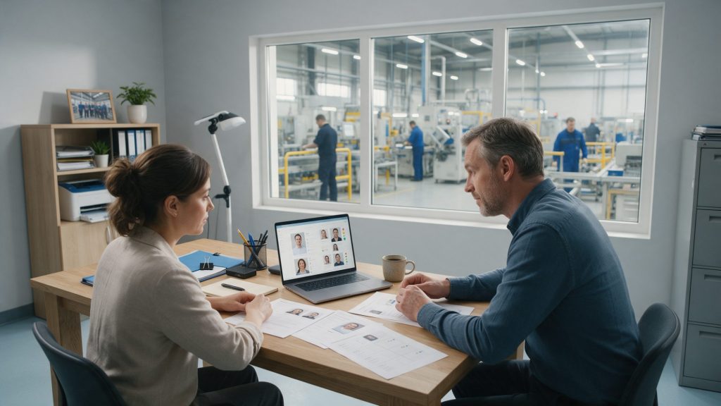 Responsable RH et directeur d'usine qui examinent une short-list de profils de candidats dans le bureau de l'usine, à côté de l'atelier de production