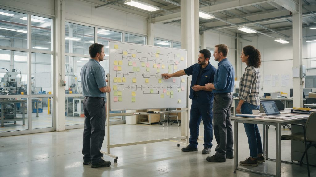 Équipe pluridisciplinaire dessinant une carte de l'état actuel de la chaîne de valeur sur un tableau blanc dans une usine