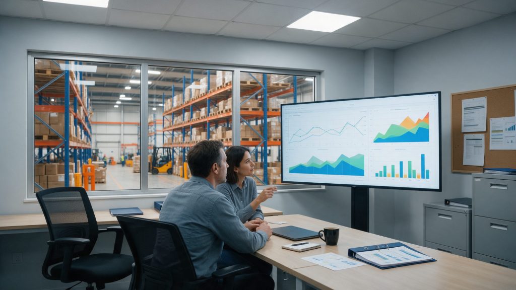 Directeur supply chain et planificateur du fournisseur qui analysent des graphiques de niveaux de stock dans un bureau de l'usine à côté de l'entrepôt