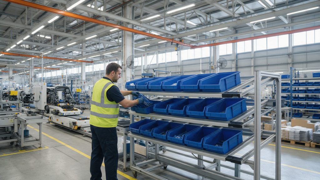 Logisticien du fournisseur qui remplit des bacs de composants sur un rayonnage en bord de ligne à côté d'une ligne d'assemblage